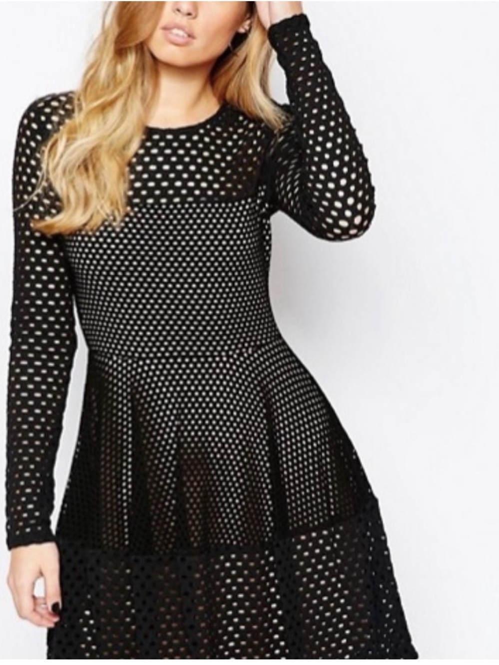 BCBGMaxAzria Black Long-Sleeve Mesh Fit-and-Flare Dress